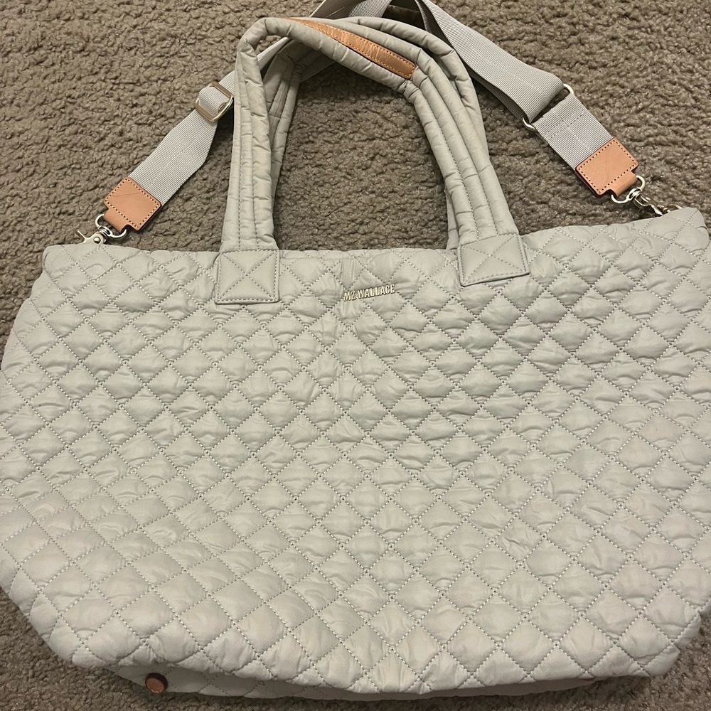 Quilted Light Gray Tote Bag with Removable Strap
